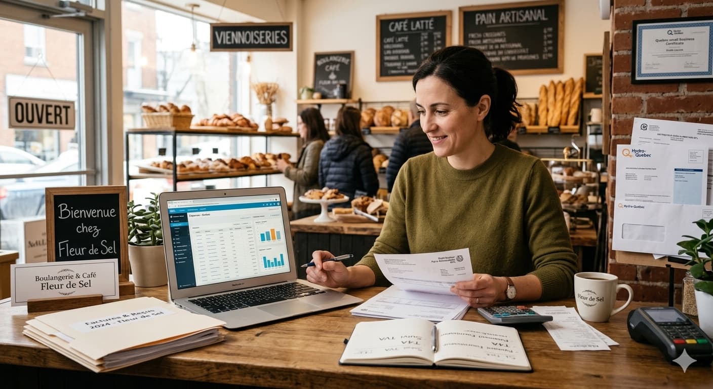 Cliente dans une boutique de quartier vérifiant des documents comptables avec un ordinateur portable